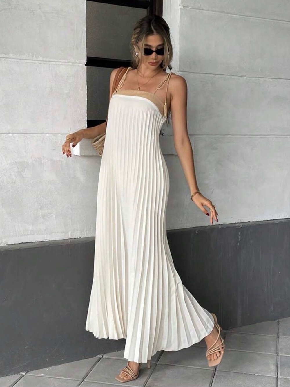 Women's Cream Pleated Maxi Dress with Spaghetti Straps